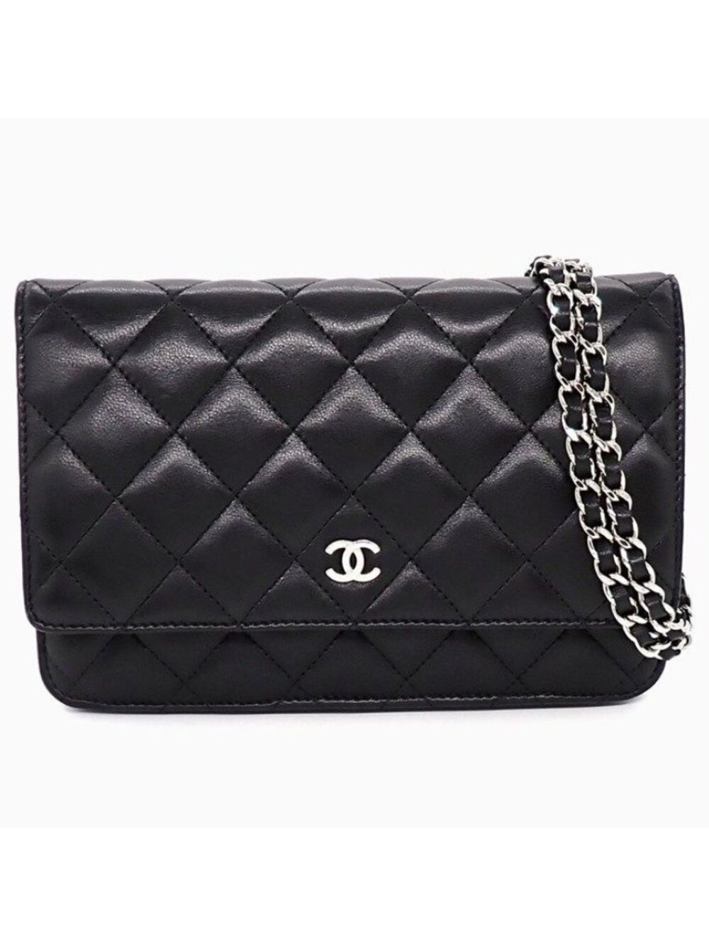 Chanel Quilted Classic Chain Wallet Black Gold Lambskin Silver